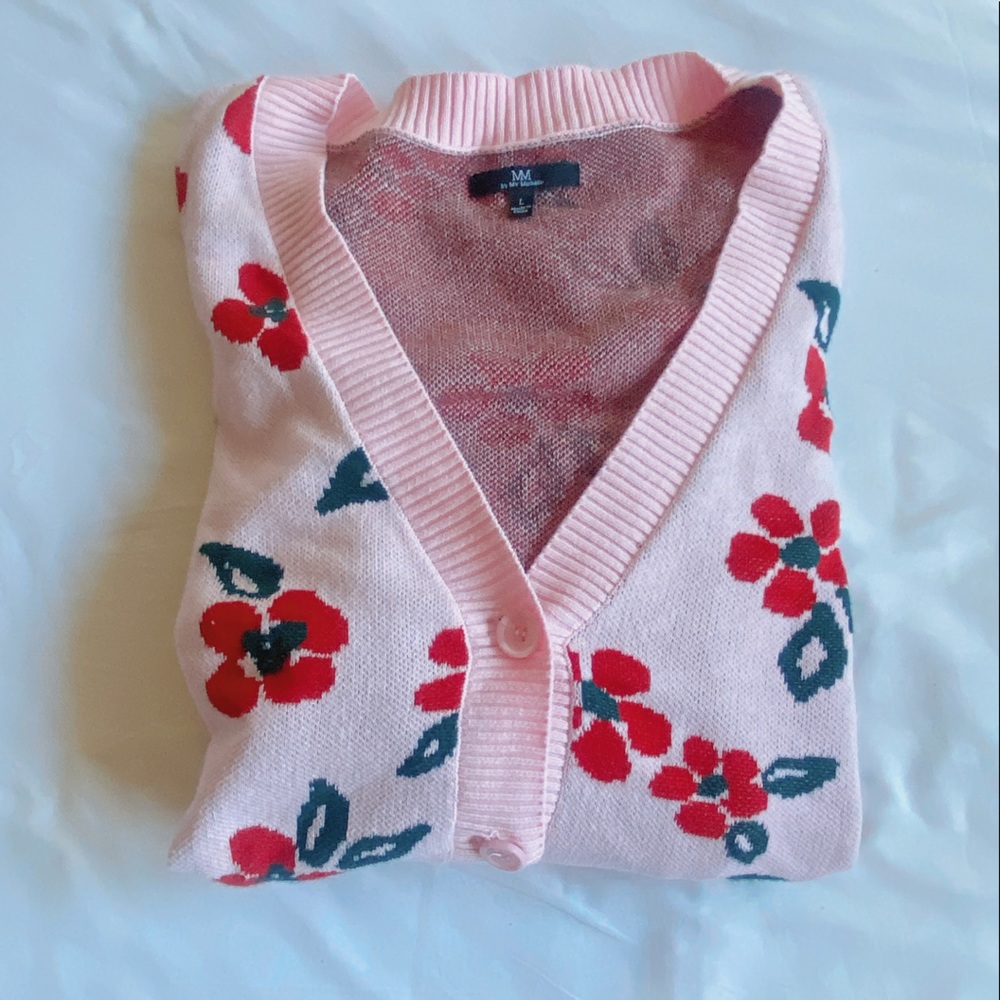 Pink cardigan w/ red flowers